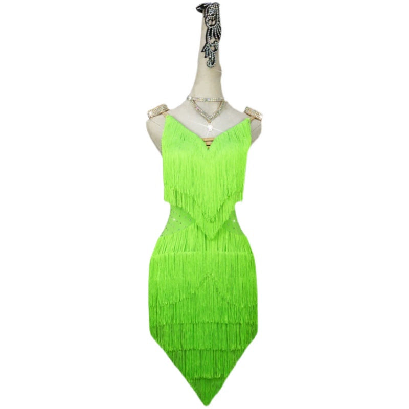 Neon Green Fringe Latin Dance Competition Dresses for Women Girls Kids Professional Sparkling Salsa Rumba Chacha Performance Costumes