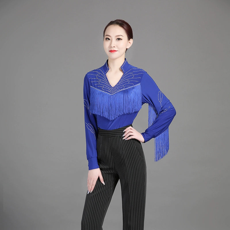 Men youth Modern dance ballroom latin performance royal blue shirts stage performance fringed tops for male