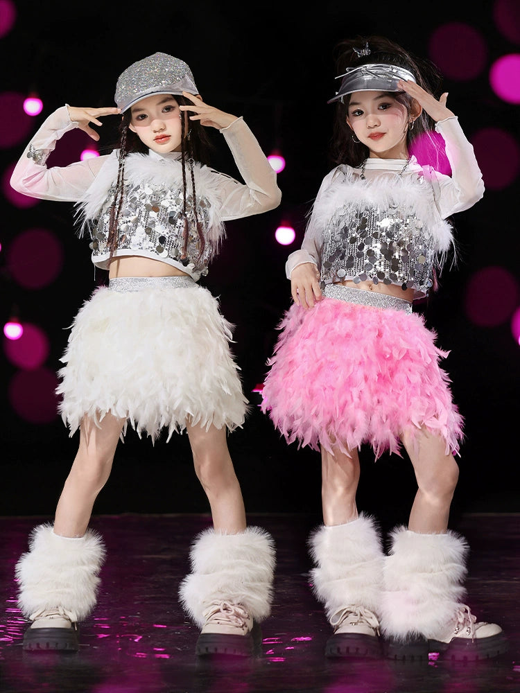 Girls Silver Pink Sequins Jazz Dance Costume Feather Hip Hop Rapper Singers Gogo Dancer Street Dancing Outfits Catwalk Model Show Clothing