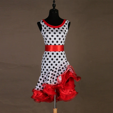 Red hot pink polka dot Latin dress for women girls sexy three-step professional latin rumba chacha performance dress customizable for children