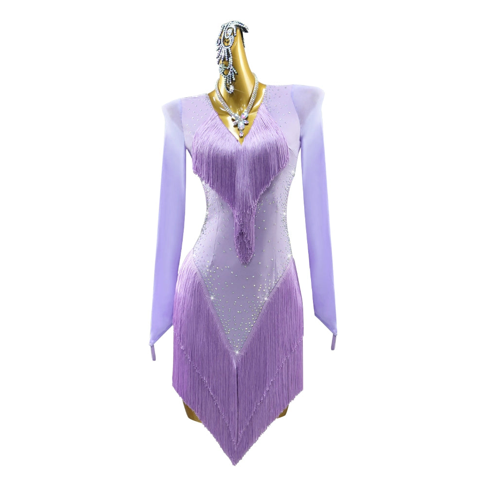 Light Purple Fringe Latin Dance Regulation Competition Dresses for Women Girls Lavender Salsa Rumba Chacha Black Pool Dance Outfits