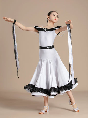 Girls white black Modern ballroom dance dresses kids Waltz Tango Performances Competition long gown swing skirts for Children