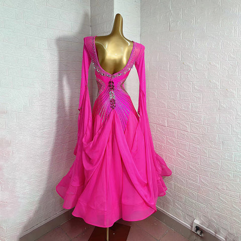 Customized Size Fuchsia Ballroom Dance Dresses for Women Girls Competition Stones Tango Waltz Performance Long Gown