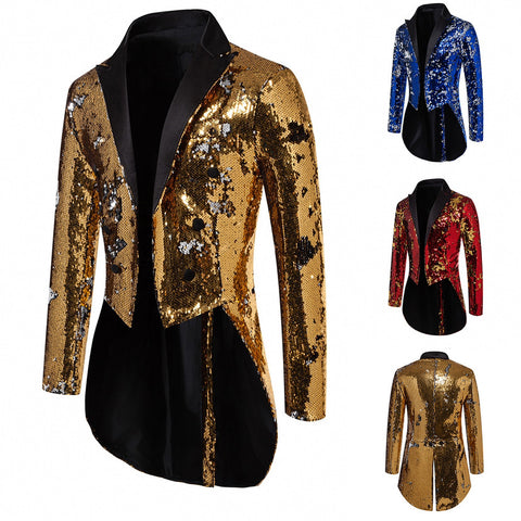 Men's gold red blue sequin jazz dance coats Magician singers nightclub bar dj ds performance long tuxedo jackets Wedding party Banquet outwear