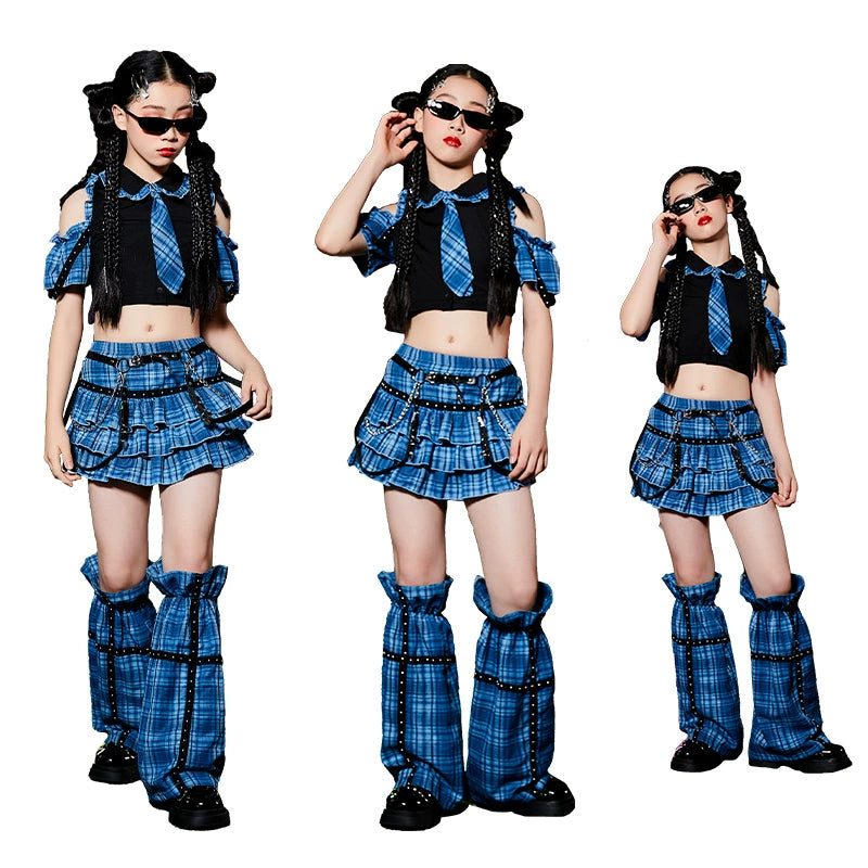 Girls Jazz Street Dance Costume Blue Green Plaid Hiphop Rapper Singers Stage Performance Outfits Model Show Photos Shooting Party Trendy Clothes for Kids