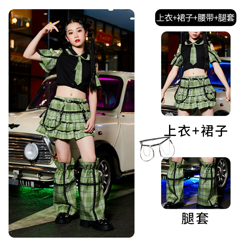 Girls Jazz Street Dance Costume Blue Green Plaid Hiphop Rapper Singers Stage Performance Outfits Model Show Photos Shooting Party Trendy Clothes for Kids