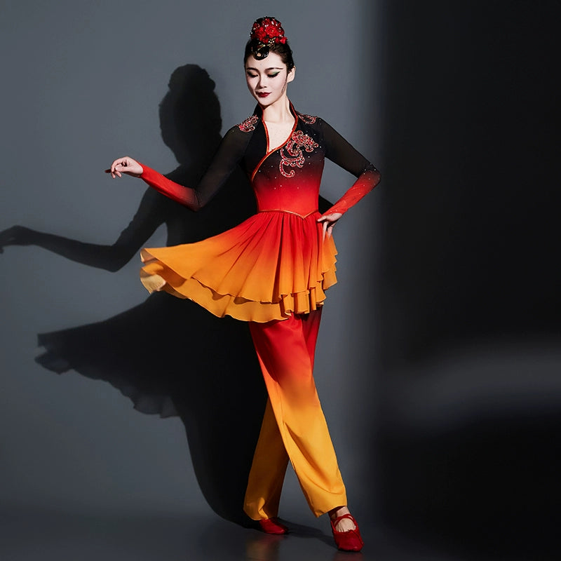 Red Chinese folk dance costumes for women girls Jiaozhou Yangge dance performance uniform classical fan dance repertoire dance art test wear