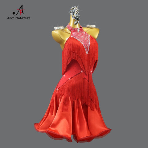 Professional Red Fringe Competition Latin Dance Dresses for Women Girls Rhinestones Senior Salsa Rumba Chacha Ballroom Contest Costumes