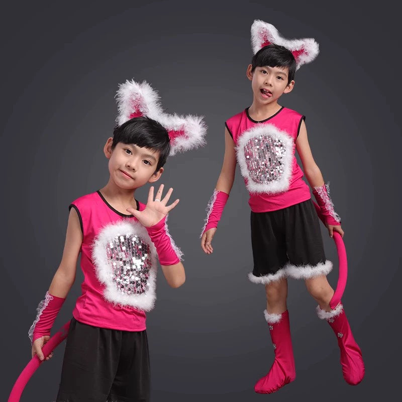 Toddler Pink Black Cat Jazz Dance Costumes for Girls Boys Modern Anime Cartoon Halloween Party Dress Up Cosplay Dancing Dance Costume