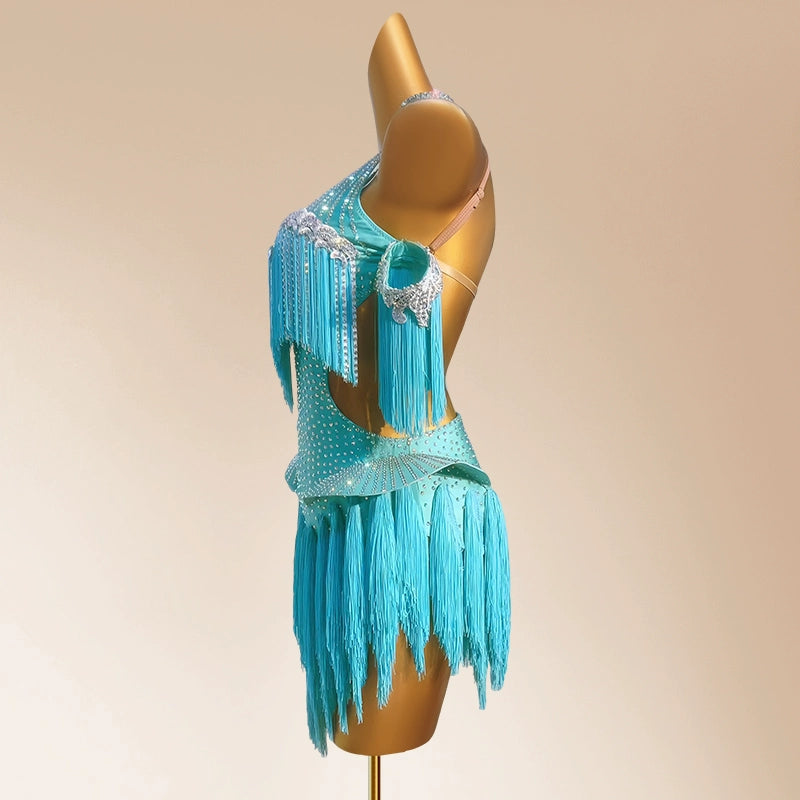 Custom Size Turquoise Fringe Competition Latin Dance Performance Dresses Blackpool Salsa Rumba Chacha Performance Outfits