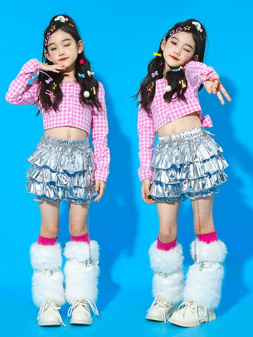 Kids Jazz Dancing Costume Girls Pink Plaid Hip Hop Gogo Dancers Street Dance Outfits for Girls Party Model Show Cheerleaders Performance Clothes