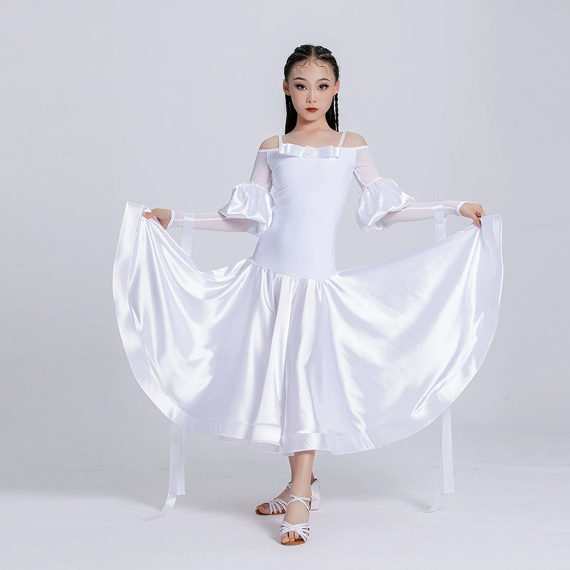 White Modern Ballroom Dance Dresses for Girls Kids Double-layer Skirt National Standard Waltz Tango Performance Long Gown for Children