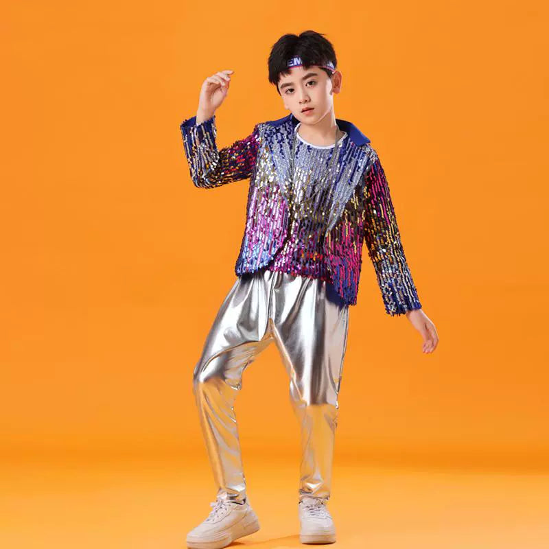 Children's Red Blue Sequin Jazz Dance Costumes for Boys Girls Kids Hip Hop Rapper Singer Gogo Dancers Dance Outfits Street Dance Catwalk Clothing