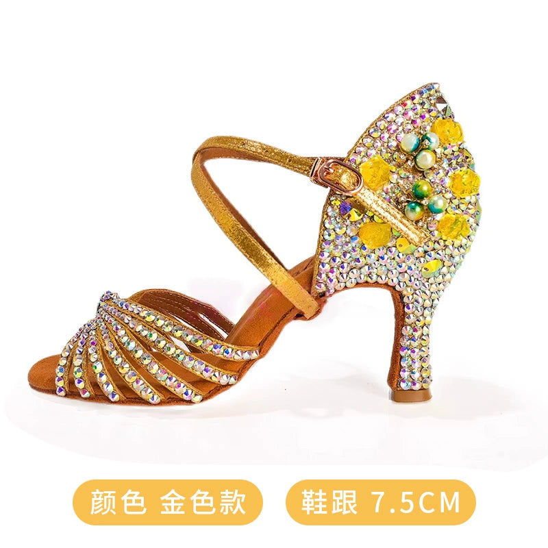 Yellow Gemstones Competition Latin Dance Shoes for Women Girls Kids High Heel Children Salsa Rumba Chacha Tango Latin Dance Shoes Soft Soles