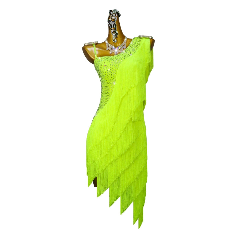 Fluorescent Yellow Professional Latin Dance Competition Dresses for Women Girls One Shoulder Slant Neck Salsa Rumba Chacha Dance Fringed Outfits