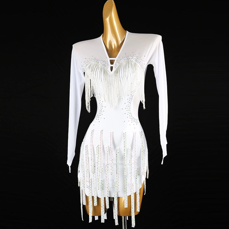 White Bling Fringe Latin Dance Competition Dresses for Women Girls Long Sleeves Salsa Rumba Chacha Senior Performance Skirts