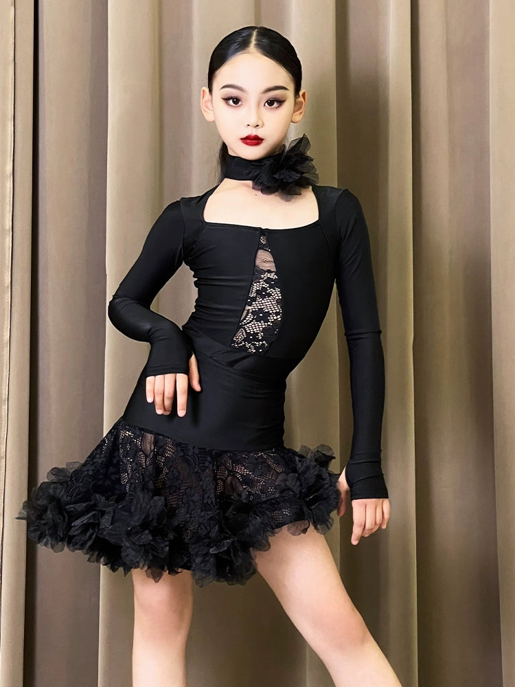 Girls Black lace rose flower Latin dance dresses for kids children girls ballroom salsa rumba chacha performance suit