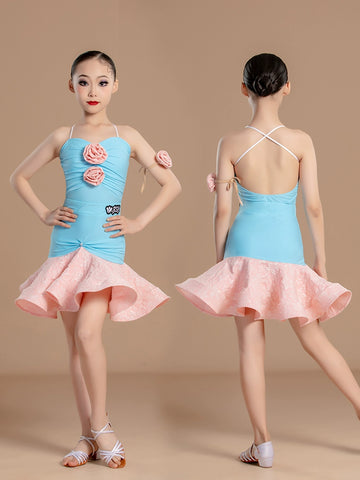 Pink blue flowers Latin dance dresses for girls kids ballroom salsa rumba chacha  split Latin training clothes for children