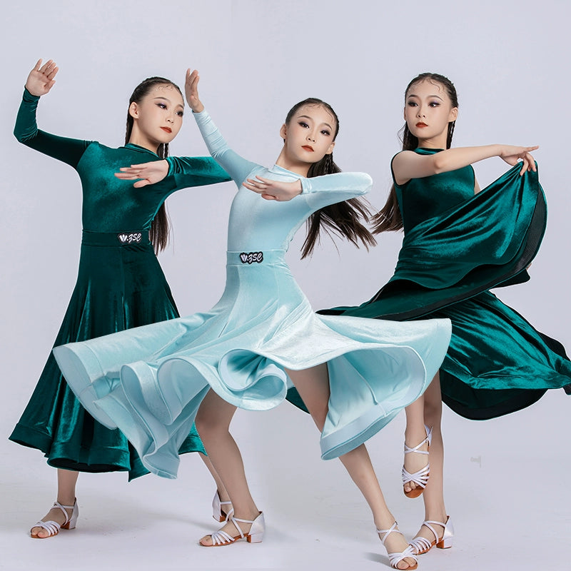 Light Blue Dark Green Velvet Ballroom Dance Dresses for Girls Kids Waltz Tango Rhythm Party Dance Ballroom Gown Performance Training Outfits