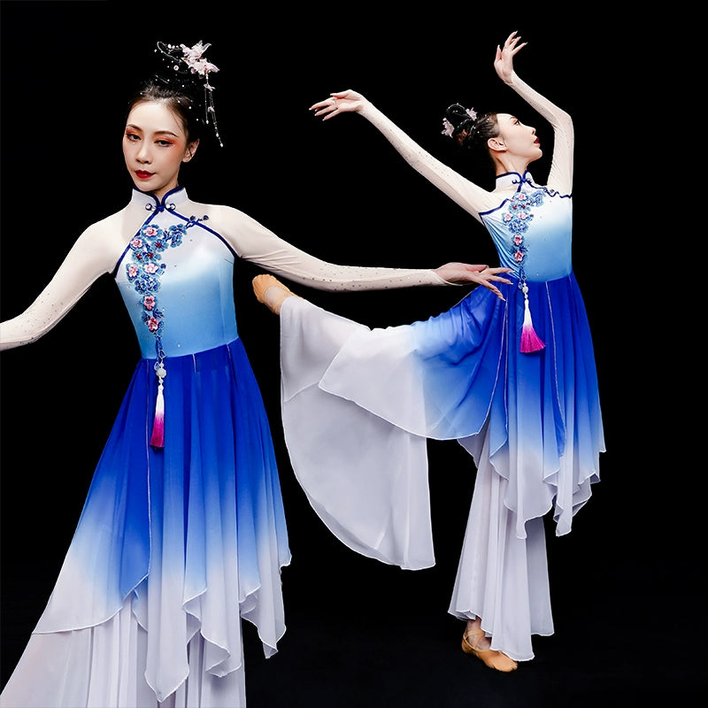 Chinese folk Classical Dance Costume for women girls Elegant  Blue fan umbrella Yangge Dance Costume Solo Dance wear hanfu