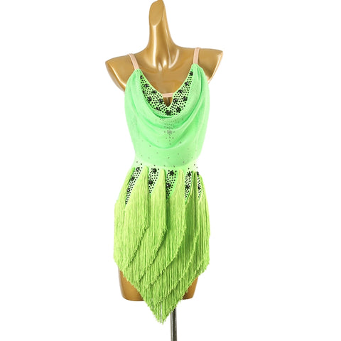 Girls women green fringe Latin dance competition regulation dress gradient gemstones rumba chacha salsa dance costumes