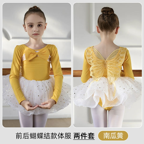 Children Girls Purple Blue Butterfly Fairy Ballet Dance Dresses for Kids Tutu Skirts Long Sleeves Back Fairy Bows Ballet Gymnastics Performance Skirts