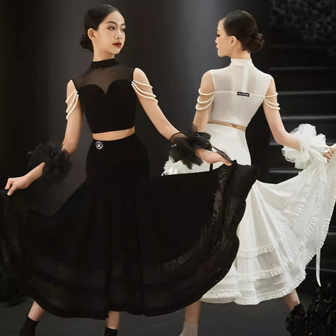 Girls Kids Black White Ballroom Dance Dresses Pearls Shoulder Waltz Tango Rhythm Performance Long Skirts