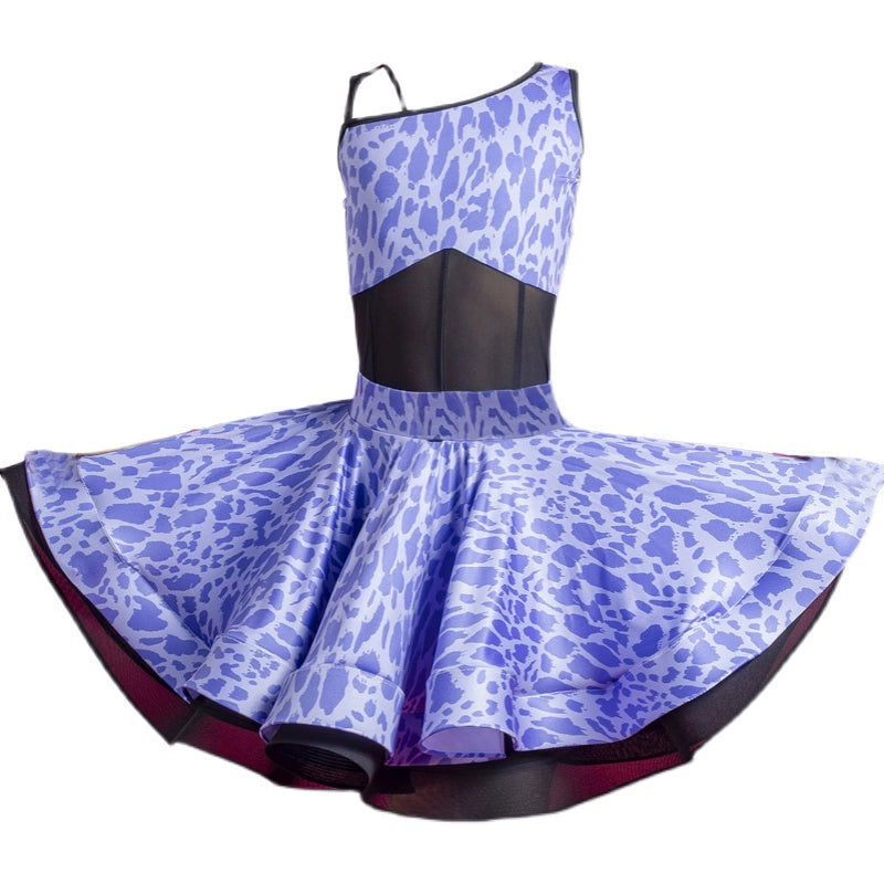 Latin Dance Dress for Girls Slant Neck Blue Purple Leopard Print Salsa Chacha Rumba Performance Costumes Split Set Party Dancing Outfits for Kids