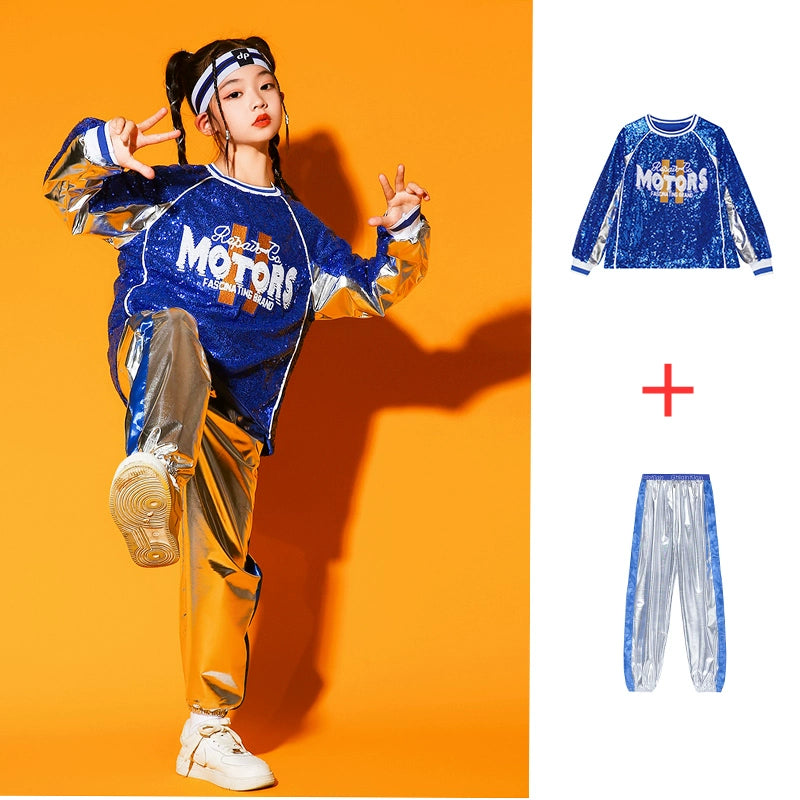 Children's Cheerleading Costumes Silver Blue Sequins Jazz Hip Hop Street Outfit for Girls Boys Opening Ceremony Jazz Dance Outfits for Kids