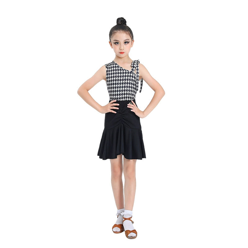 Children's One Shoulder Latin Dance Dresses Girls White Black Plaid Salsa Rumba Chacha Professional Training Clothes for Kids