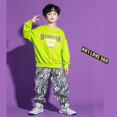 Boys Girls Hip Hop Street Jazz Dance Costume for Girls Kids Neon Green Tops Zebra Pants Gogo Dancers Rapper Singer Hiphop Dance Outfits