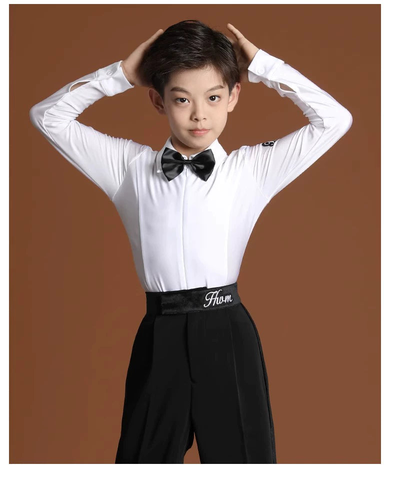 Kids boys white color Professional Latin ballroom Dance Competition shirts Black dance  Pants Standard  dancing costumes for children