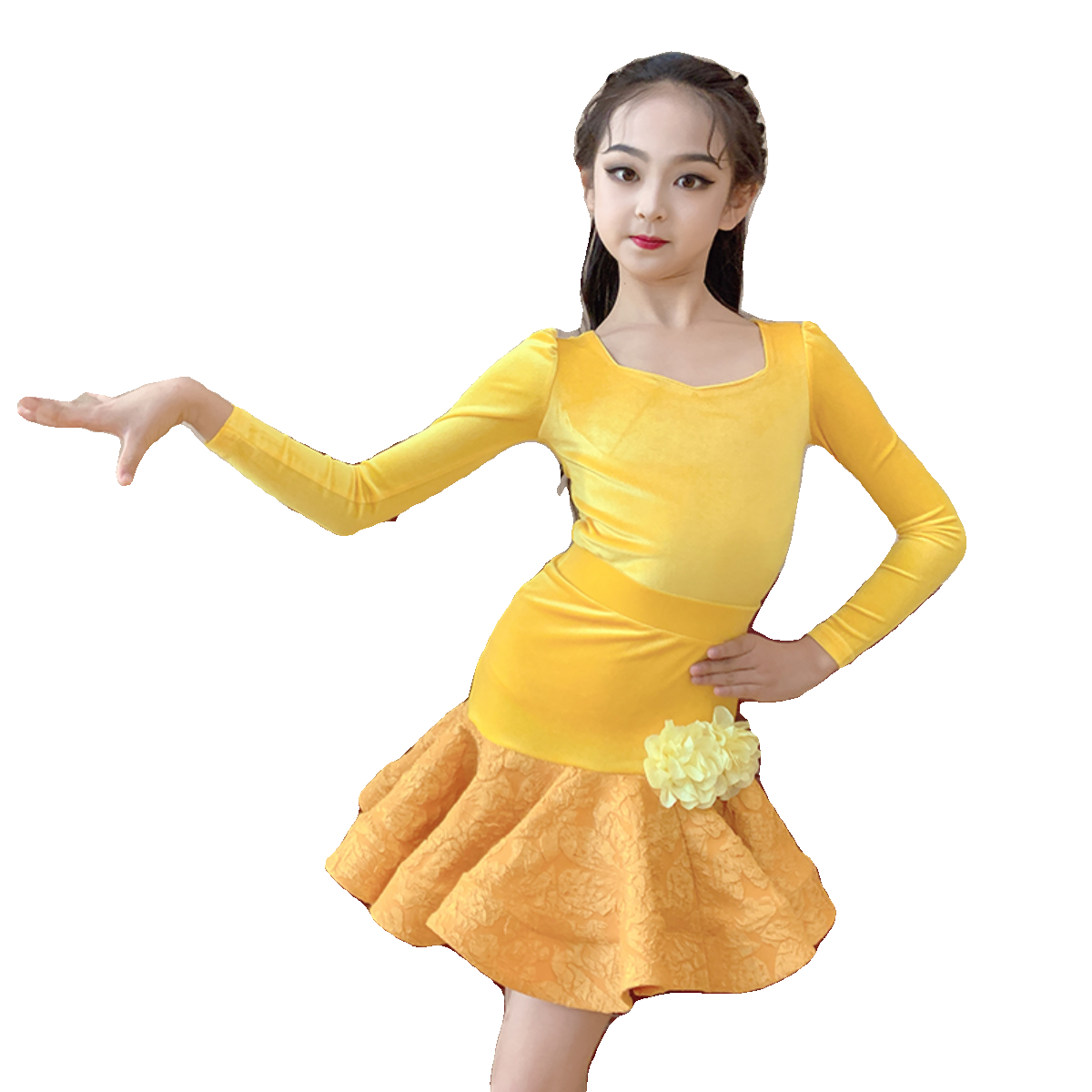 Yellow Girls Latin Dance Dresses Kids Lace Velvet Latin Salsa Rumba Ballroom Performance Costumes