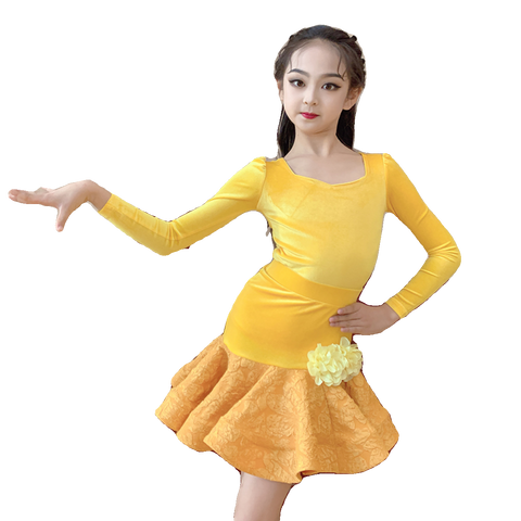 Yellow Girls Latin Dance Dresses Kids Lace Velvet Latin Salsa Rumba Ballroom Performance Costumes