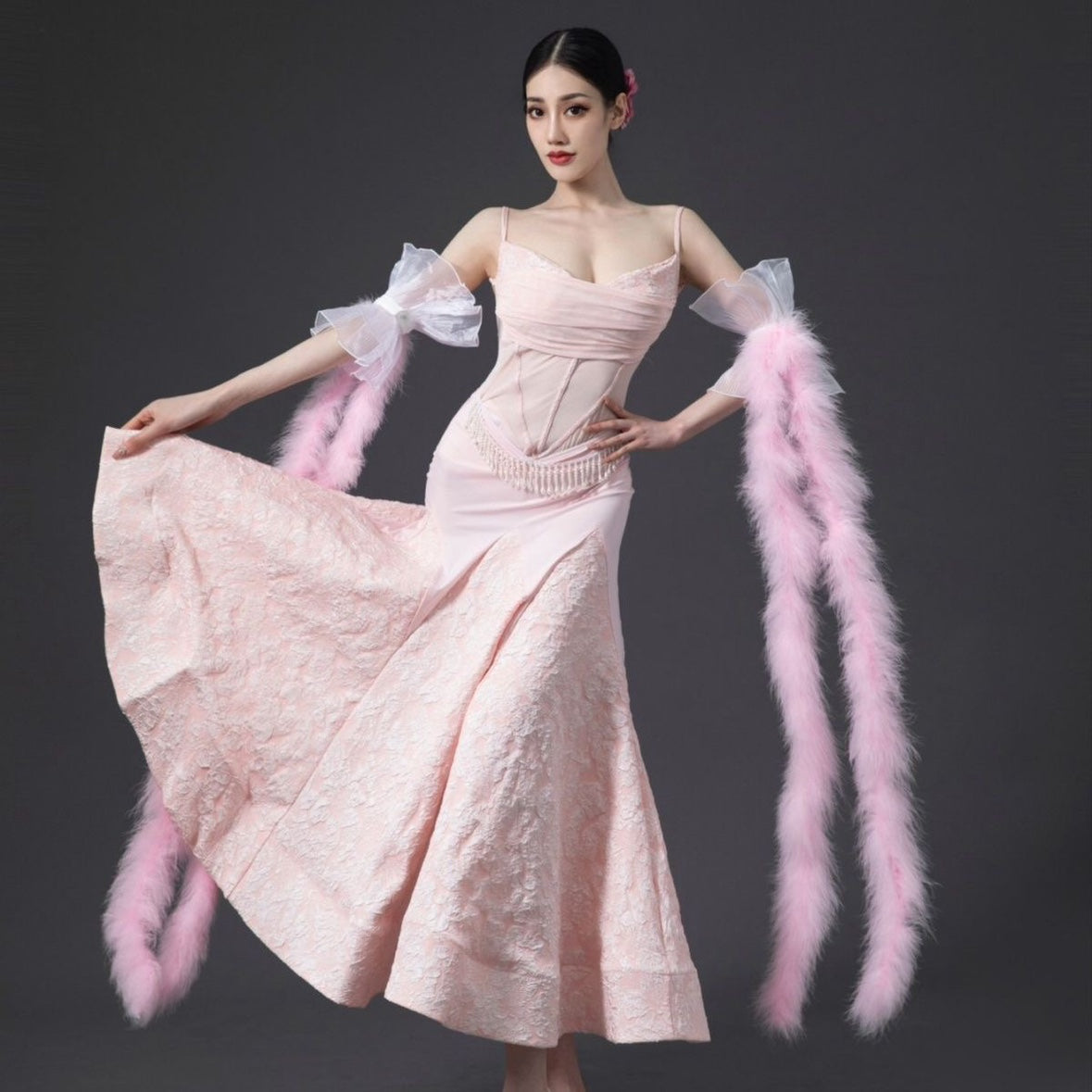 Pink Feather Ballroom Dance Dresses for Women Girls Green National Standard Waltz Tango Foxtrot Smooth Dance Long Swing Skirts