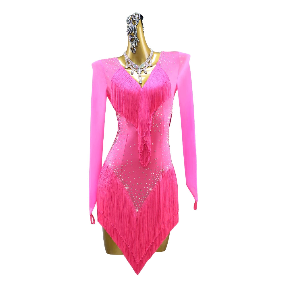 Long Sleeve Hot Pink Fringe Competition Latin Dance Contest Dresses for Women Girls Kids Blackpool Latin Salsa Rumba Chacha Dance Performance Costume