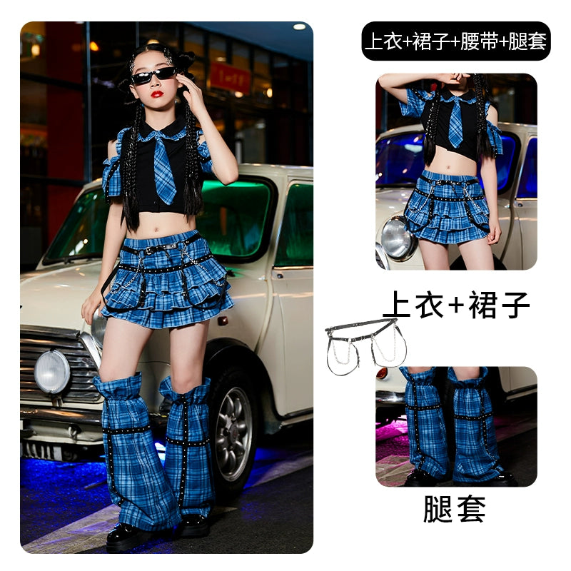 Girls Jazz Street Dance Costume Blue Green Plaid Hiphop Rapper Singers Stage Performance Outfits Model Show Photos Shooting Party Trendy Clothes for Kids