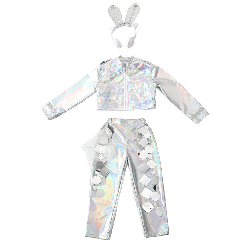 Kids Silver HipHop Jazz Street Dance Costume for Girls Boys Shooting Technology Robot Metaverse Walk Show Performance outfits