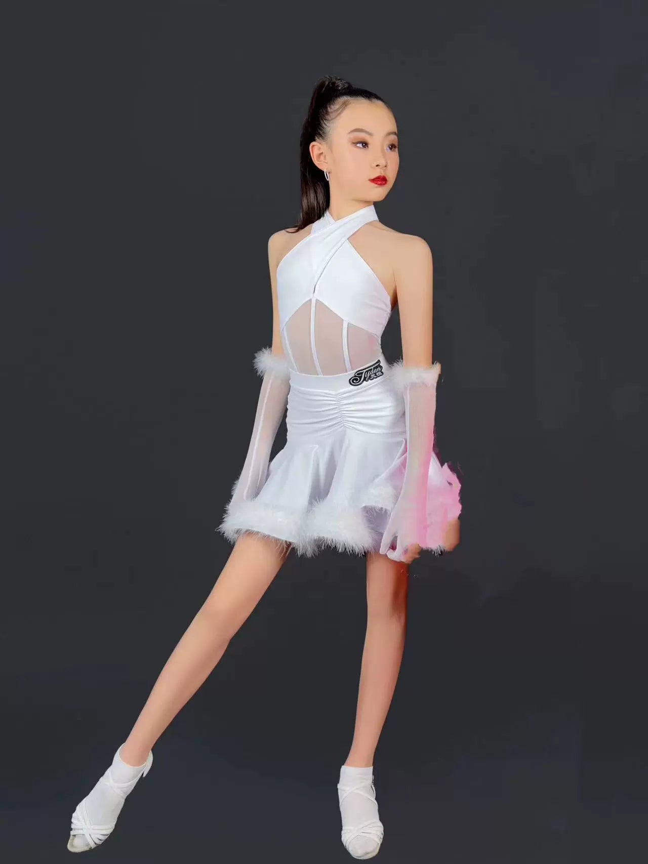 pink white blue feather competition Latin professional dance dresses for kids girls ballroom salsa rumba chacha performance clothes