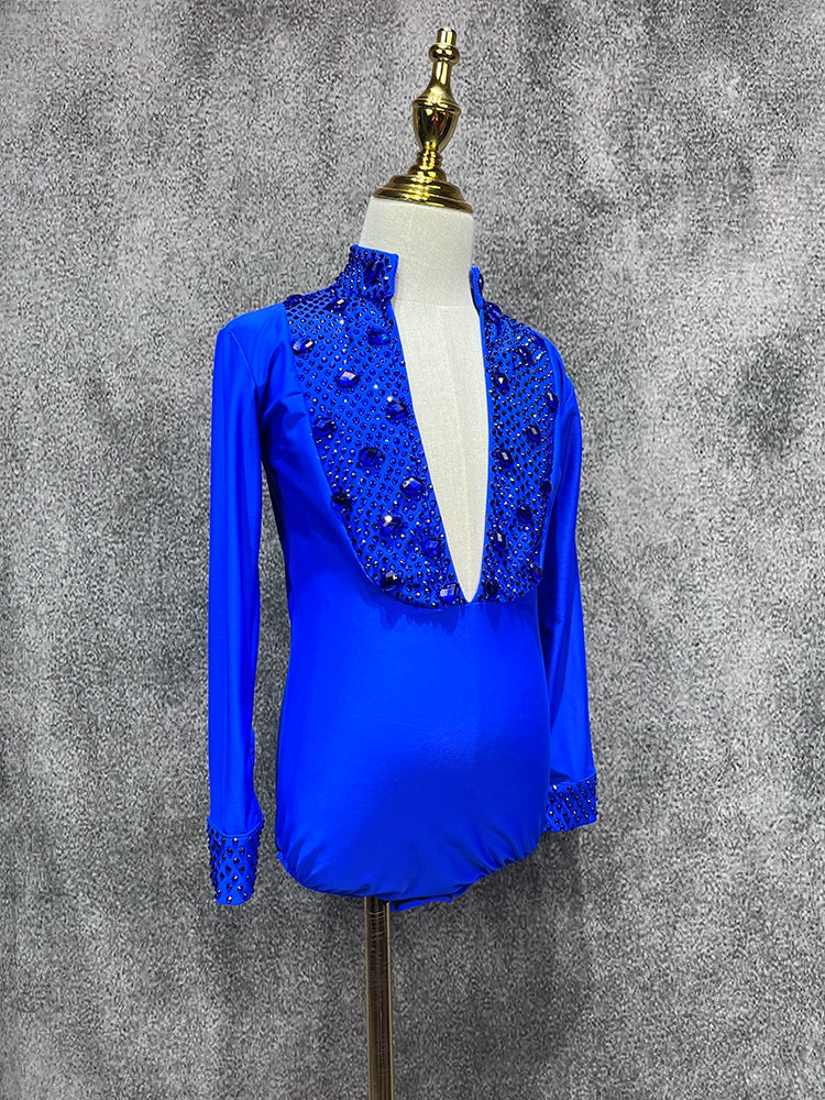 Custom Size Royal Blue Competition Latin Ballroom Dance Shrits for Boys Kids Children Salsa Waltz Latin Performance Gemstones Top