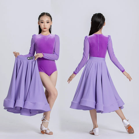 Light Purple Velvet Ballroom Dance Dresses for Girls Kids Children Waltz Tango Ballroom Performance Uniforms Party Performance Praise Dress