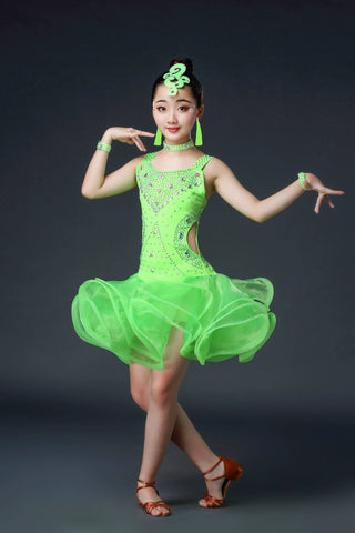 Competition Latin Dance Dresses for Kids Girls Orange White Red Neon Green Rhinestones Competition Grade Salsa Chacha Party Performance Outfits for Kids