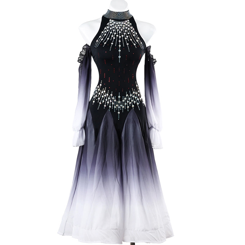 Royal Blue Black Gradient Competition Ballroom Dance Dress for Women Girls Rhinestones Halter Neck Dew Shoulder Waltz Tango Party Dance Long Gown for Female