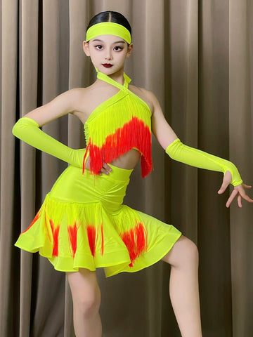 Pink Neon Green Red Fringe Latin Dance Dresses for Girls Kids Salsa Rumba Chacha Halter Neck Performance Clothing for Children