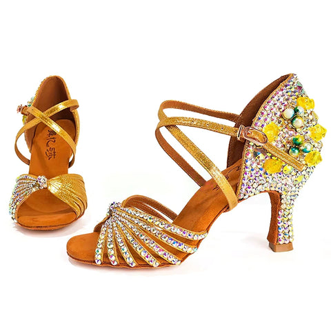 Yellow Gemstones Competition Latin Dance Shoes for Women Girls Kids High Heel Children Salsa Rumba Chacha Tango Latin Dance Shoes Soft Soles