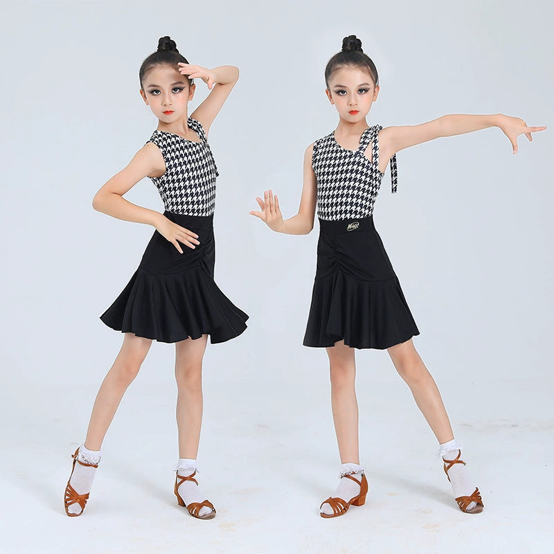 Children's One Shoulder Latin Dance Dresses Girls White Black Plaid Salsa Rumba Chacha Professional Training Clothes for Kids