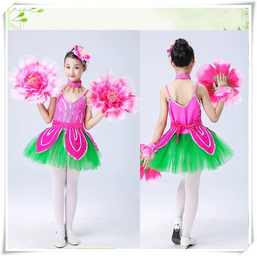 Children's Pink Petals Flowers Jazz Dance Dresses Jasmine Blossom Dance Costume Flower Fairy Tutu Skirts Performance Costume for Kids