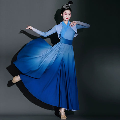 Blue chinese folk Classical dance costumes for women girls fairy umbrella fan dance hanfu Han Tang repertoire solo contest dance wear