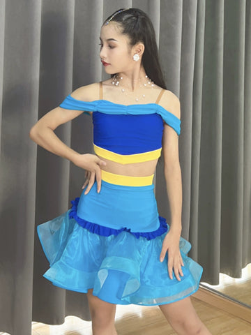 Blue yellow children's Latin dance dance dresses salsa ballroom performance skirts off-the-shoulder practice outfits for kids