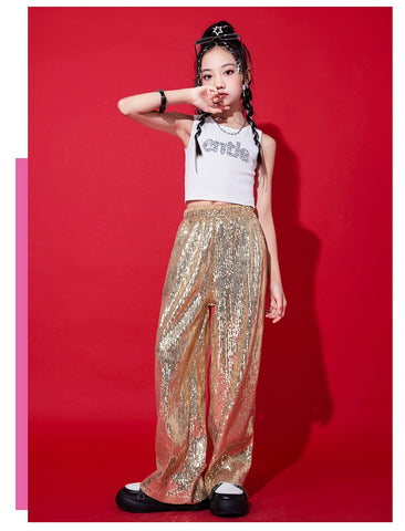 Girls Gold Sequin Jazz Dancing Costumes Gogo Dancers Hip Hop Rapper Singers Street Clothes Children's Model Show Wear